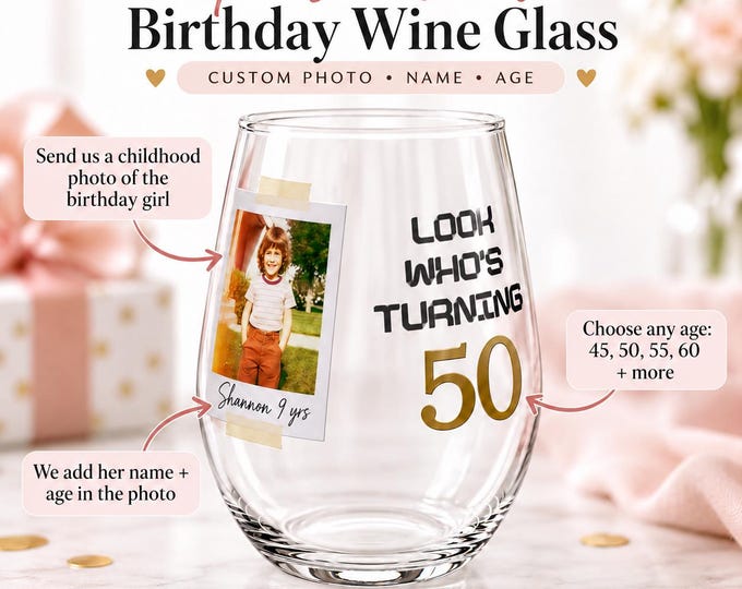 Personalized 50th Birthday Stemless Wine Glass, Custom Photo Gift for Woman, Milestone Glass, 45th 55th 60th Gift for Her