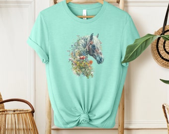 Horse shirts for girls, Horse lover tee, horseback riding t-shirt, country girl shirt, horse gift for women, floral horse shirt, garden gift