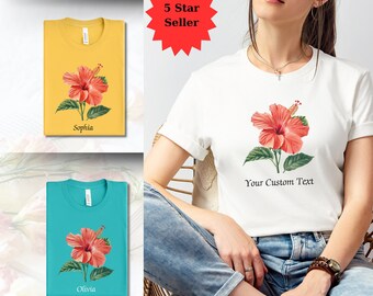 Custom Hibiscus shirt, red, pink Hibiscus Flower design, gift for her, gift for gardener, personalizable summer shirt, unisex tee, Hawaiian