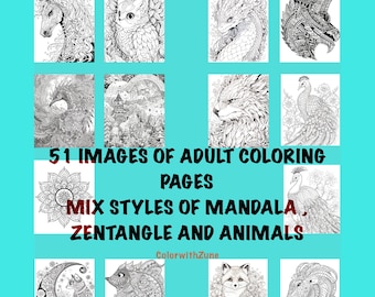51 pages of Digital Printable Adult Colouring Book Mix Styles of Mandala, Zentangle and Animals - Version 1