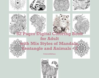 52 pages of Digital Printable Adult Colouring Book Mix Styles of Mandala, Zentangle and Animals - Version 2