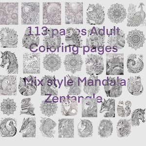 133 pages of Digital Printable Adult Colouring Book Mix Styles of Mandala, Zentangle and Animals