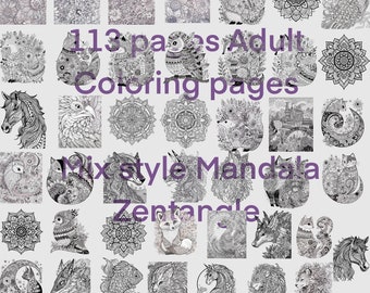 133 pages of Digital Printable Adult Colouring Book Mix Styles of Mandala, Zentangle and Animals