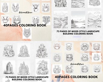 113 pages of Digital Printable Kids/Adult Coloring Book cute animals, cup animals and landscape building Mix Styles