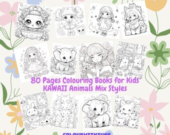 80 pages of Digital Printable Kids/Adult Colouring Book Kawaii Animals flowers Girl Mix Styles