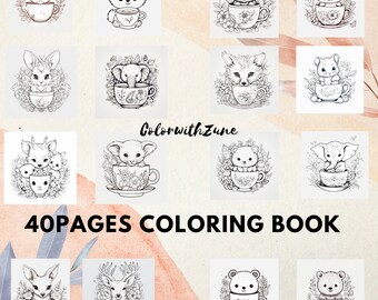 40 pages of Digital Printable Kids/Adult Coloring Book Cute Animals Cup Animals Mix Styles