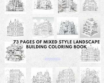 73 pages of Digital Printable Kids/Adult Coloring Book Landscape building Mix Styles