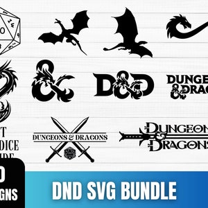 May include: A set of 10 Dungeons and Dragons themed SVG designs, including a dragon, dice, and the D&D logo. The designs are perfect for crafting projects, such as t-shirts, mugs, and stickers.