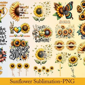 Może przedstawiać: Kolekcja cyfrowych wzorów z motywem słoneczników. Obrazy przedstawiają słoneczniki, motyle i inspirujące teksty, takie jak "You are my sunshine" i "Peace, Love, Sunshine". Projekty są w różnych stylach.