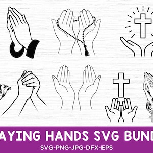 Peut inclure: Un ensemble de 8 designs de mains en prière SVG en noir et blanc. Les designs comprennent des mains en prière avec une croix, des mains en prière avec des chapelets et des mains en prière avec une croix dans la paume des mains.