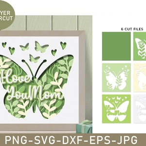 3D「I Love You Mom」シャドーボックス、母の日シャドーボックス、ハート3D SVG、レイヤードペーパーアート、DIYキャビン壁飾り、ペーパープロジェクト、レーザーカットファイル