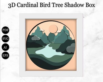 Szablon 3D Shadow Box – Zachód słońca nad jeziorem górskim, wycinany laserowo SVG (pobranie cyfrowe)