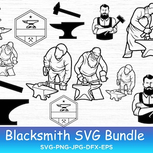 May include: Black and white vector illustrations of blacksmiths working at an anvil. The illustrations include a blacksmith holding a hammer, a blacksmith holding a horseshoe, and a blacksmith holding a pair of tongs. The illustrations are perfect for use in a variety of projects, such as website design, social media graphics, and print materials.