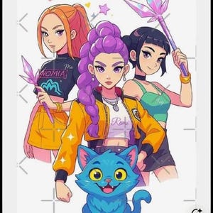 May include: An illustration of three women with colorful hair, each holding a crystal spear. The central figure wears a yellow jacket, and a blue cat is in the foreground. Text on the image includes "Ma Nomia" and "Rumi".