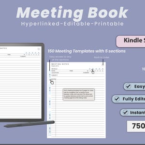 Può includere: Un'immagine digitale di un tablet Kindle Scribe che mostra un modello di note per riunioni. Il modello è progettato per prendere appunti durante le riunioni e include sezioni per dettagli, data, ora, formato, argomento e note. L'immagine include anche testo che dice "150 modelli di riunione con 5 sezioni", "Facile accesso a tutte le sezioni", "Torna all'indice", "10,7 mb di dimensione", "Facile da usare", "PDF completamente modificabile", "Download immediato" e "750 pagine".