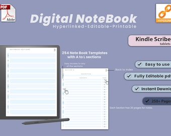 May include: Digital Notebook with 254 templates, hyperlinked, editable, and printable. Features include easy navigation, full editability, and instant download. Compatible with Kindle Scribe tablets. Includes over 250 pages.