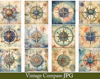 Ensemble PNG boussole vintage : cliparts nautiques (téléchargement numérique)