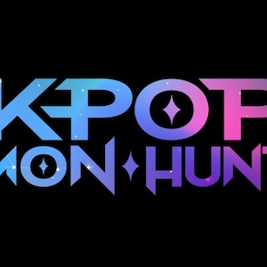 May include: The words "KPOP DEMON HUNTERS" are displayed in a gradient of blue, purple, and pink on a black background. The text has a futuristic, space-themed design with star-like accents.