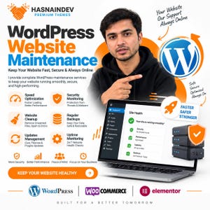 May include: A promotional graphic for WordPress website maintenance services featuring the text WordPress Website Maintenance, Keep Your Website Fast, Secure & Always Online, and a laptop screen displaying a Site Health dashboard with green checkmarks.