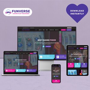 Könnte beinhalten: Ein Mockup einer Website für ein Casino-Slot-Spiel namens Funverse. Die Website wird auf einem Laptop, Tablet und Smartphone angezeigt. Die Website bietet eine Vielzahl von Casinospielen, darunter Poker, Roulette und Slots. Die Website verfügt außerdem über einen Download-Button, mit dem Benutzer das Spiel sofort herunterladen können.