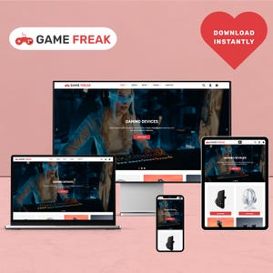 May include: A website mockup for a gaming store called "Game Freak". The website features a variety of gaming devices, including a keyboard, headset, and mouse. The website is designed to be user-friendly and visually appealing.