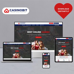 May include: A website screenshot showing the homepage of an online casino called Casinobit. The website is displayed on a desktop computer, laptop, tablet, and smartphone. The website features a red and black colour scheme and a banner that reads "Best Online Casino".