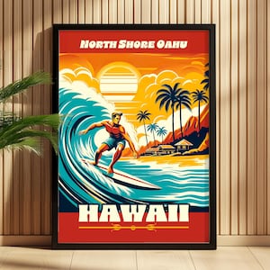 North Shore Oahu Poster - Vintage Hawaii Surf Art - Tropical Wave Print - Custom Beach Decor