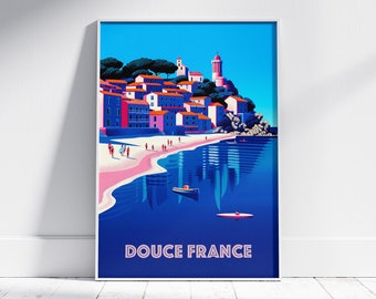 digital download, poster, france, illustration, beach, village, vintage, retro, wall art, gift, DIG-JDF5178-1