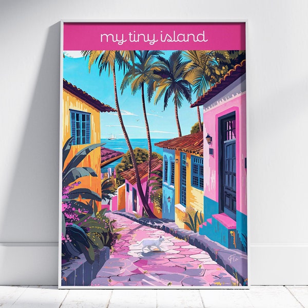 affiche personnalisée, paradis, illustration, vintage, chat, martinique, guadeloupe, île de la réunion, caraïbes, art mural, R567YT