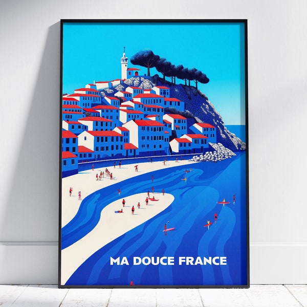 personalized poster, France, illustration, beach, landscape, vintage, retro, decor, vacation, wall art, gift, souvenir, DF5178-3