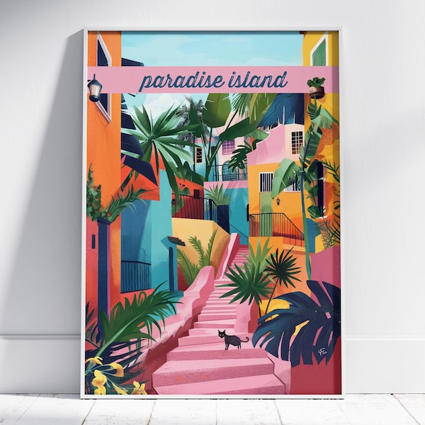 affiche personnalisée, paradis, illustration, vintage, chat, martinique, guadeloupe, la barbade, cuba, île de la réunion, art mural, 09LK76