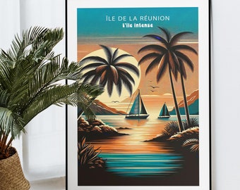 personalized poster, reunion island, illustration, martinique, guadeloupe, beach, vintage, decoration, wall art, gift, M876T34