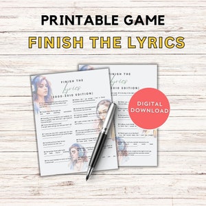 Finish the lyrics game, Guess the lyrics printable game, song challenge game, 2000-2010 hit songs guessing lyrics game, lyrics challenge
