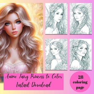 Anime Fairy Princess Coloring Page - Printable Grayscale Coloring Sheet - Fantasy Princess Digital Download