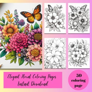Elegant Floral Coloring Pages – 50 Printable Botanical Designs for Adults – Relaxing Digital Coloring Book – Instant PDF Download