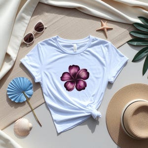 Tropical Floral Hibiscus Flowers T-Shirt – Watercolor Hibiscus Flower in Purple – Elegant Artistic Shirt – Women’s Nature Tee Gift