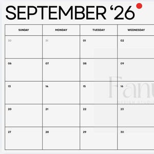 Op de afbeelding: Een witte maandelijkse wandkalender voor september 26 met zwarte rasterlijnen en vetgedrukte zwarte tekst. De koptekst toont SEPTEMBER 26 met een kleine rode cirkel. Het rooster bevat de dagen van de week en een sectie voor notities.