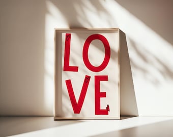 LOVE Poster Print: Red Minimalist Typography, Modern Wall Art (Digital Download)