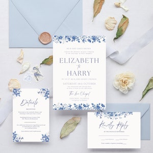 Blue Toile Flowers Wedding Invitation Suite Editable and Printable Wedding Invitations Blue Flower Wedding Templates