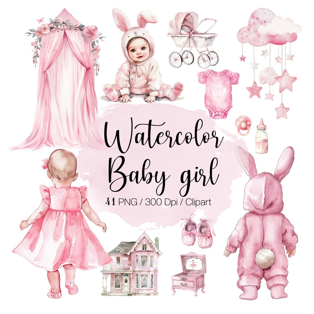 Baby Girl Pink Watercolor Clipart 41 PNG Cliparts Magical Nursery Baby ...