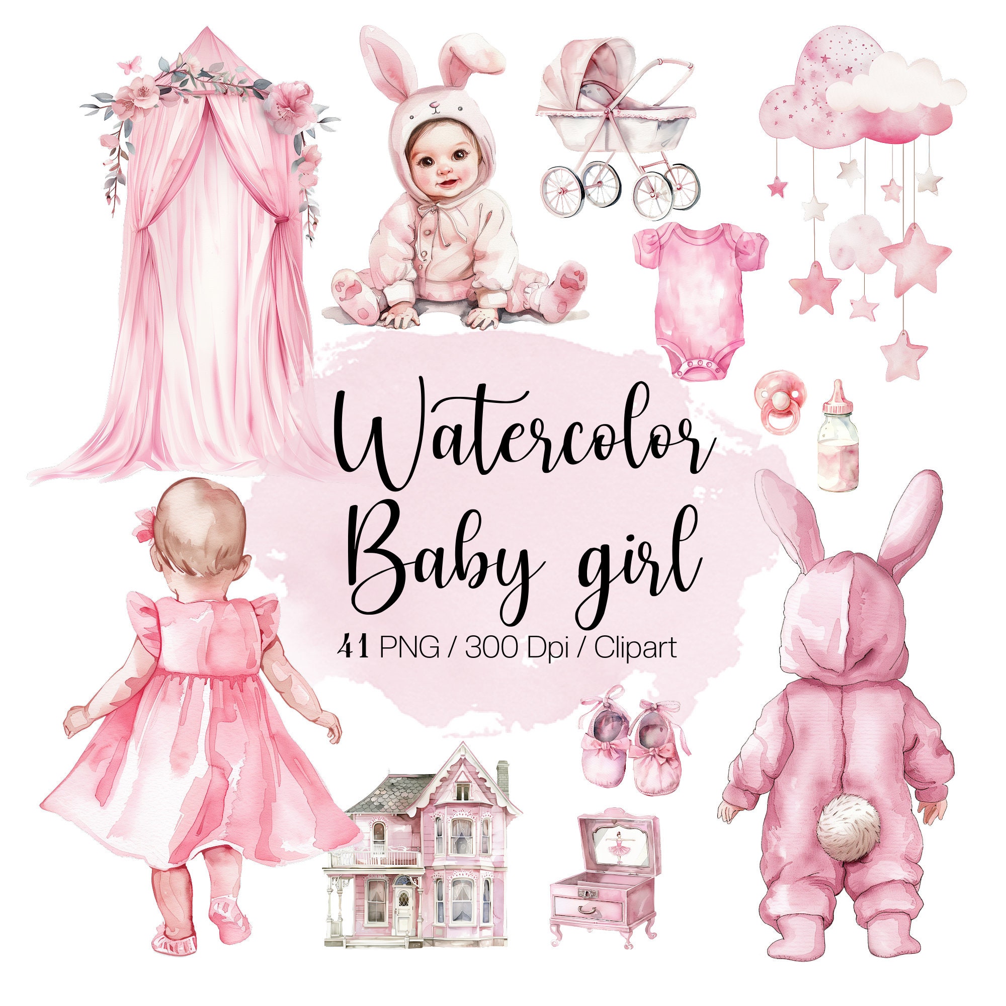 Baby Girl Pink Watercolor Clipart 41 PNG Cliparts Magical Nursery Baby ...