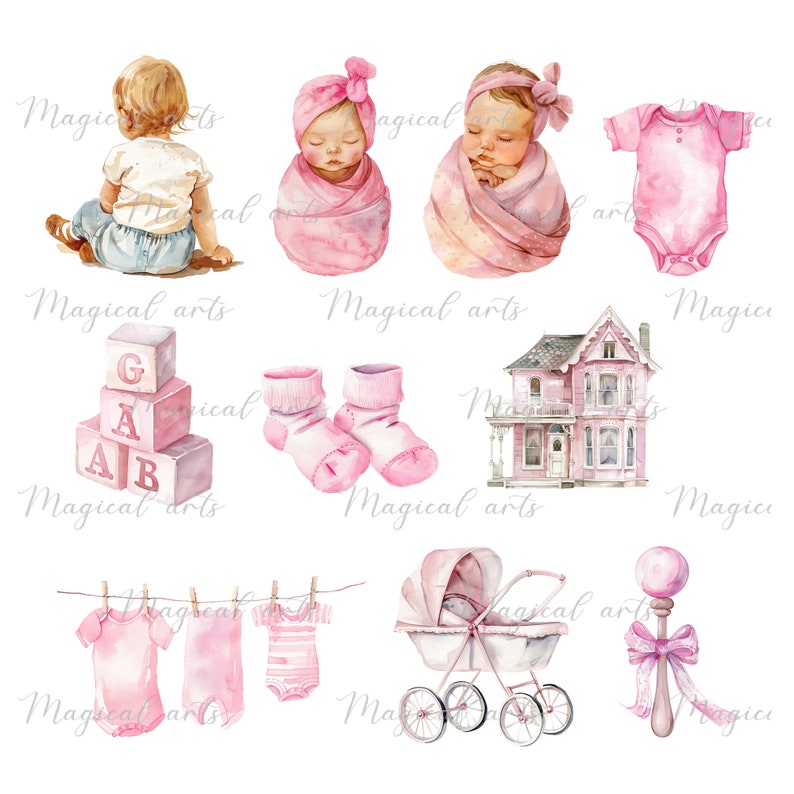 Baby Girl Pink Watercolor Clipart 41 PNG Cliparts Magical Nursery Baby ...