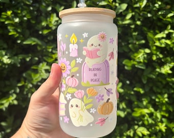 Spooky Book Reading Ghosts Tumbler: Frosted Glass Iced Coffee Cup