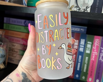Easily distracted by books goose frosted glass tumbler, book gift