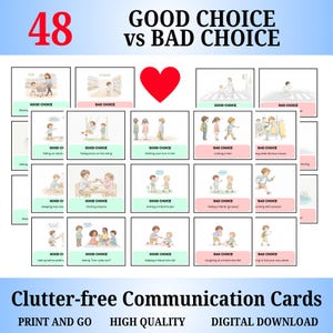 May include: A set of 48 educational cards titled GOOD CHOICE vs BAD CHOICE featuring watercolor illustrations of children in various social scenarios. Each card includes text labels, with green backgrounds for good choices and pink for bad choices.