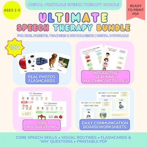 May include: A digital printable speech therapy bundle for ages 2-5, featuring 100 real photo flashcards, interactive matching activities for vehicle sounds and feeling faces, core WH questions, and daily communication boards in a PDF format.