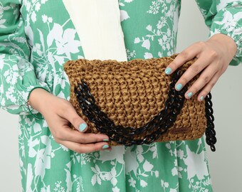 Handmade Crochet Tote Bag: Brown Knitted Cotton Purse