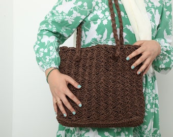 Bolso de paja de crochet hecho a mano: bolso de hombro marrón tejido a mano