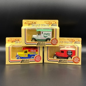 3 Vintage Lledo Promotional Diecast Models, Fairy Washing up Liquid, Birds Custard, Heinz Tomato Soup.