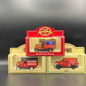 Trio of Vintage Lledo Promotional Diecast Models, Burtons Chip Van, John Bull Tyres, Beefsteak soup